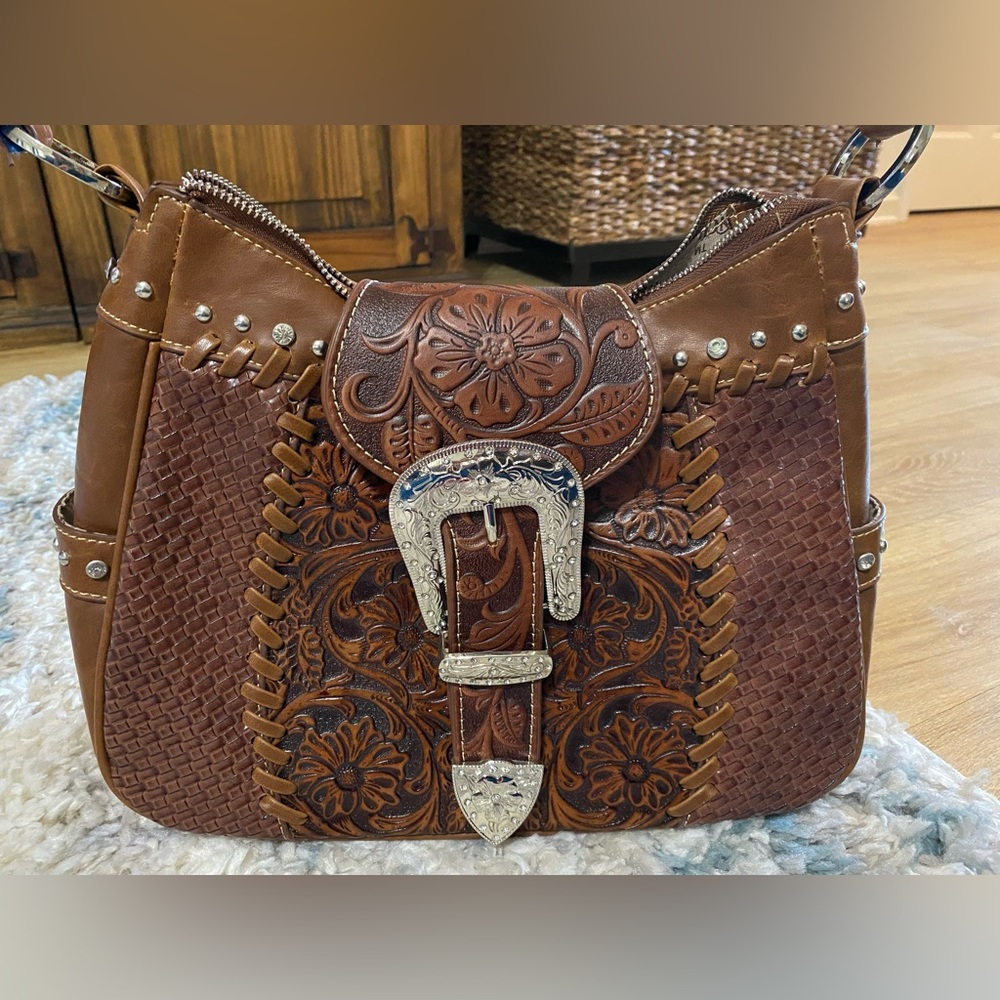 Women's Brown Western Tooled Leather Shoulder Bag with Silver Buckle